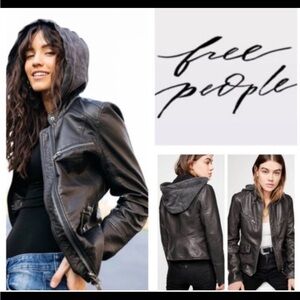 Y2K Free People We The Free Monroe Vegan Leather Hooded Biker Jacket Sz XS *flaw